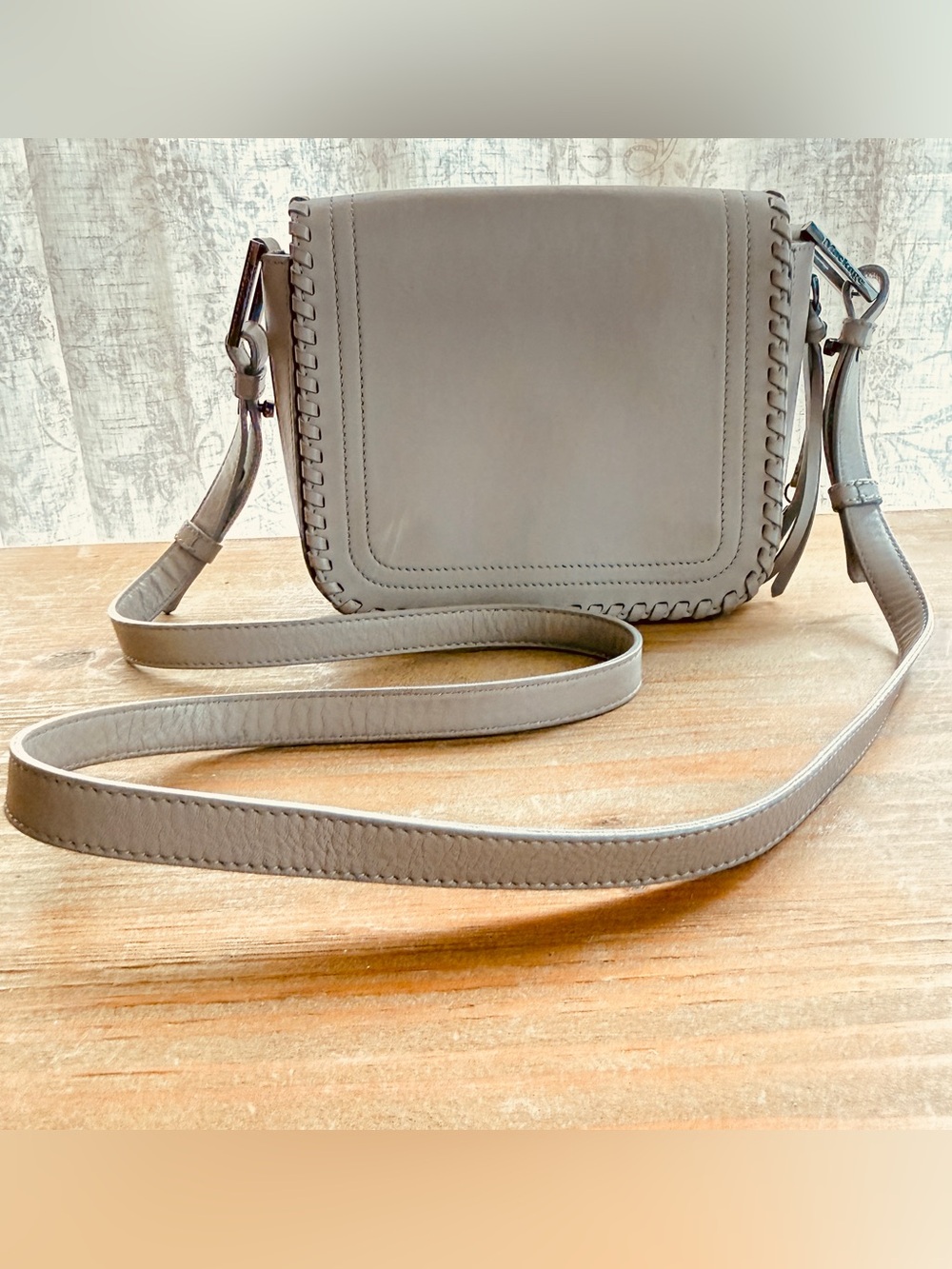 Mackage Taupe Genuine Leather Crossbody Bag with Whipstitch Detail
